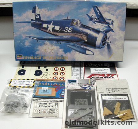Hasegawa 1/48 Grumman F6F-5 Hellcat + Aries Wheel Bays and Cockpit / Cutting Edge Corrected Cowling / Eduard Color PE / True Details Mask Set / Revell/Monogram Decals for Fleet Air Arm (FAA) JV231 and French Navy - Factory Decals for VF-17 USS Hornet (CV-12) 1945 / VF-, JT35 plastic model kit